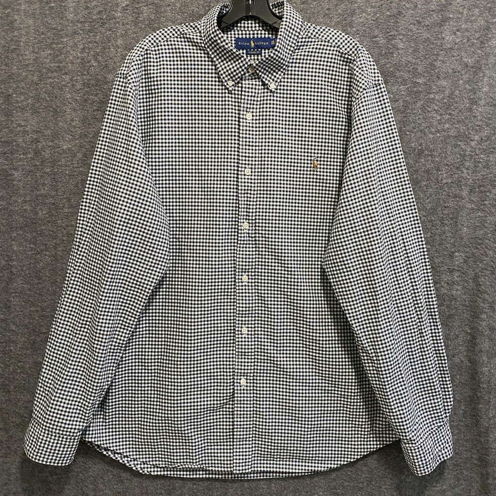 Ralph Lauren Oxford Button Down Shirt Mens XXL Black Gingham Classic Flesh Pony